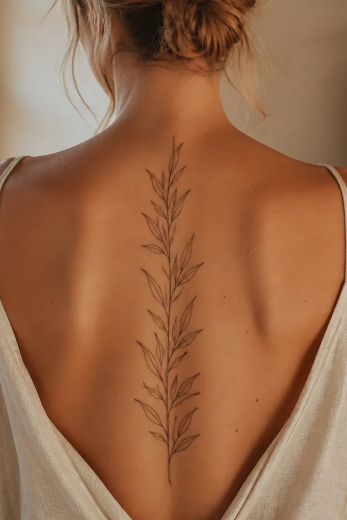 A delicate spine tattoo in mostly thin black lines. The olive leaves are outlined, and the veins are shown by leaving small negative-space gaps rather than adding grey shading, running down the upper spine in a straight vertical line.