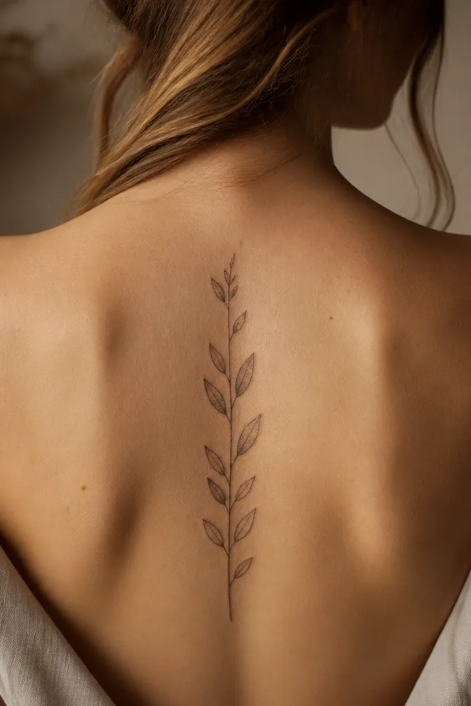 A small olive branch tattoo on the mid-spine with a thin stem and several leaf pairs. Each leaf has tiny dotwork speckling along the edges and near the center vein, giving a soft textured look, with the stem in clean black linework.