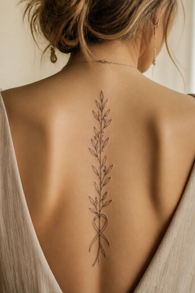 A vertical spine tattoo where a small olive branch includes a few subtle thorn-like marks near the stem. At the top, the stem loops into a small ribbon curve, drawn with thin lines and minimal shading, with leaf pairs below.