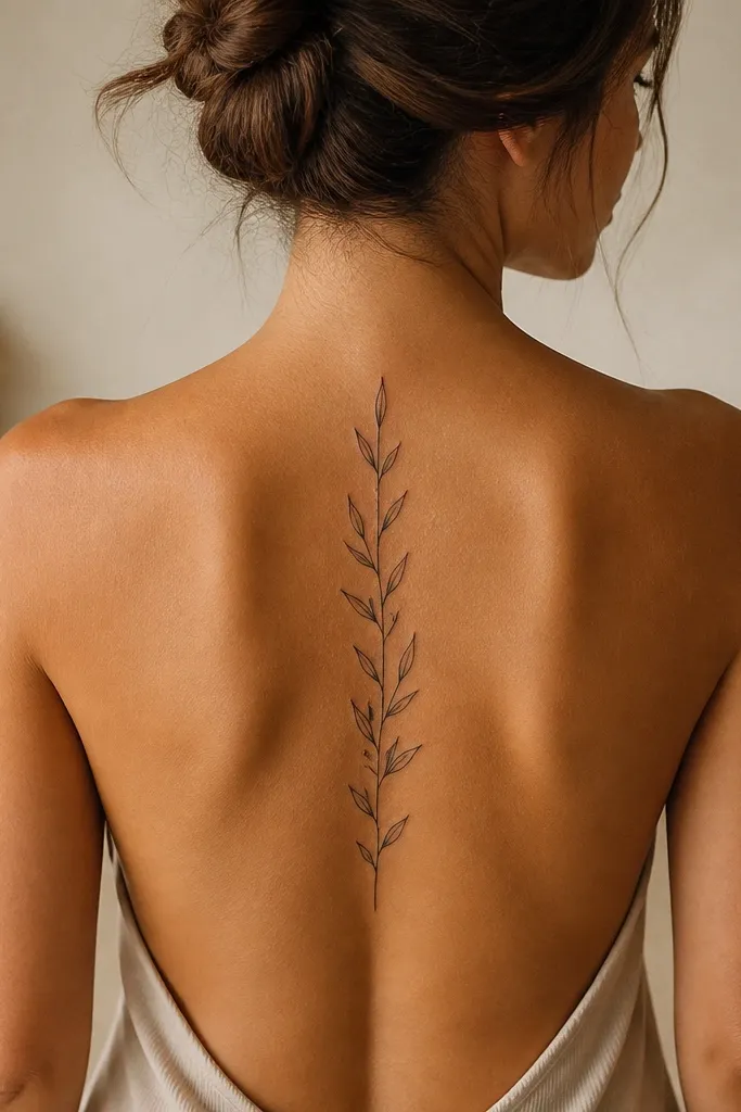 A small olive branch tattoo centered on the mid-spine where leaves are angled slightly left and right instead of perfectly symmetrical. The stem runs vertical, and the leaves are outlined with soft shading, creating a slight flutter effect.
