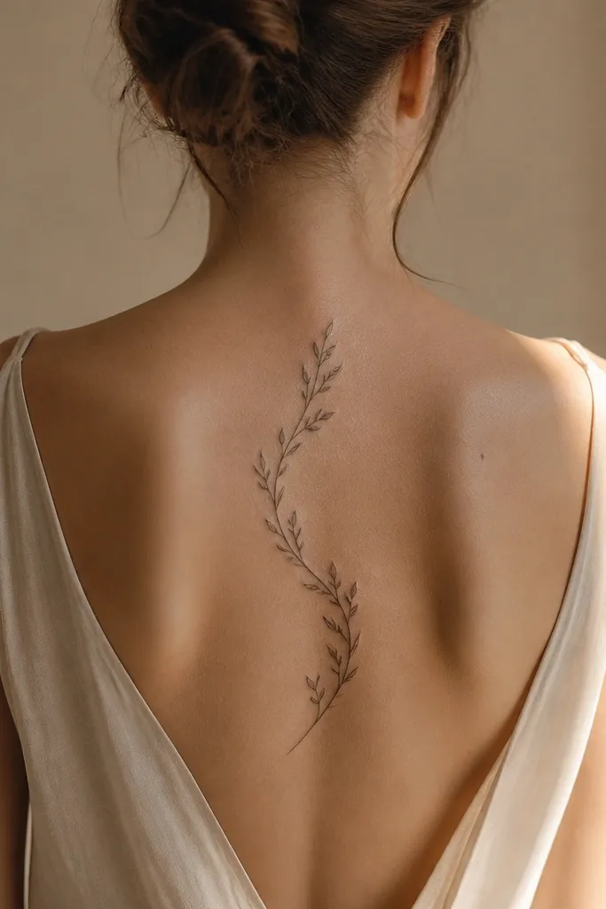 A small olive branch tattoo with a mostly vertical stem that subtly curves into an S-shape. The leaves sit on either side of the curve, outlined cleanly with minimal shading, giving the impression of gentle wind.