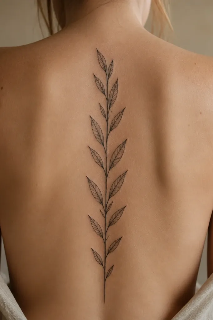 A detailed small olive branch along the upper spine with realistic leaf shapes. Each leaf has a clear center vein and faint side veins drawn with thin lines, with a dark stem and light grey shading only at the leaf base.