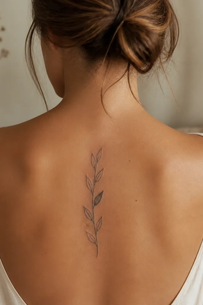 A slim olive branch tattoo on the mid-spine. The stem and most leaves are only outlined in black, but one leaf near the center has a gentle grey wash fill, making it stand out.
