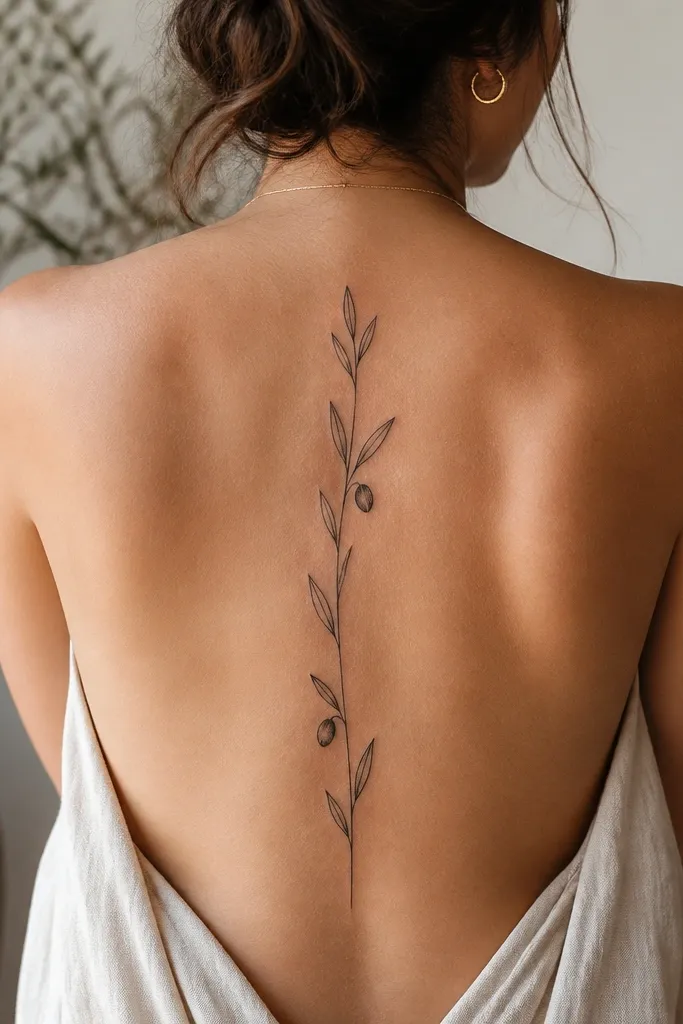 A vertical olive branch on the spine with two small dark olive berries placed along the stem. The stem is crisp and straight, leaves are simple teardrop shapes with outline-only shading, and the berries sit between leaf clusters.