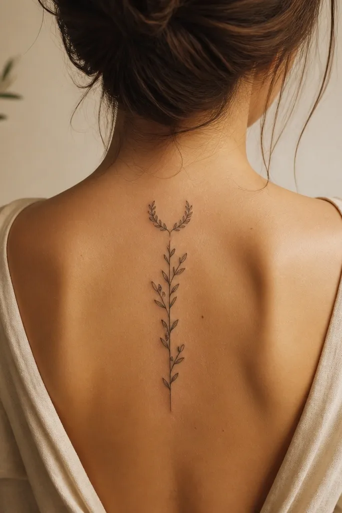 A small olive branch tattoo on the upper spine. The top leaves form a slight crown-like curve, like a mini laurel, while the stem continues downward with leaf pairs that get smaller.