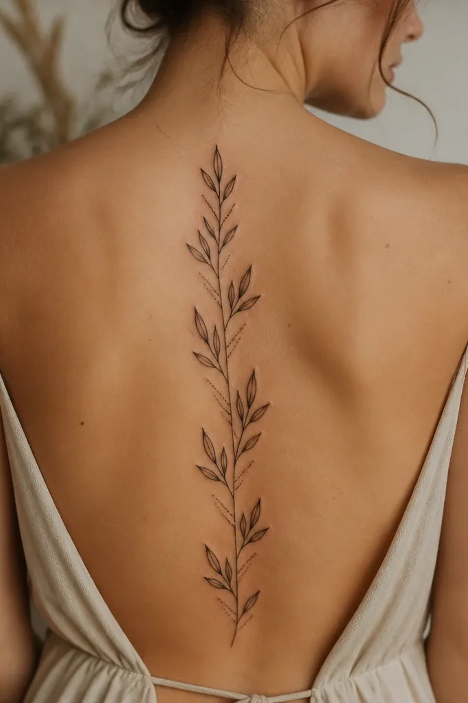 A vertical olive branch with leaves outlined in black. Under each leaf, there are tiny chevron-shaped grey shading marks that sit like the underside of a leaf, repeated along the spine in a tidy pattern.