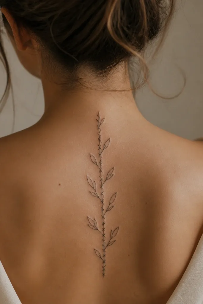 A small olive branch on the spine with a stem drawn using tiny crossing lines, like stitch marks. Leaves are simple outlined teardrops with minimal shading, and the overall look is clean, graphic, and slightly textured.