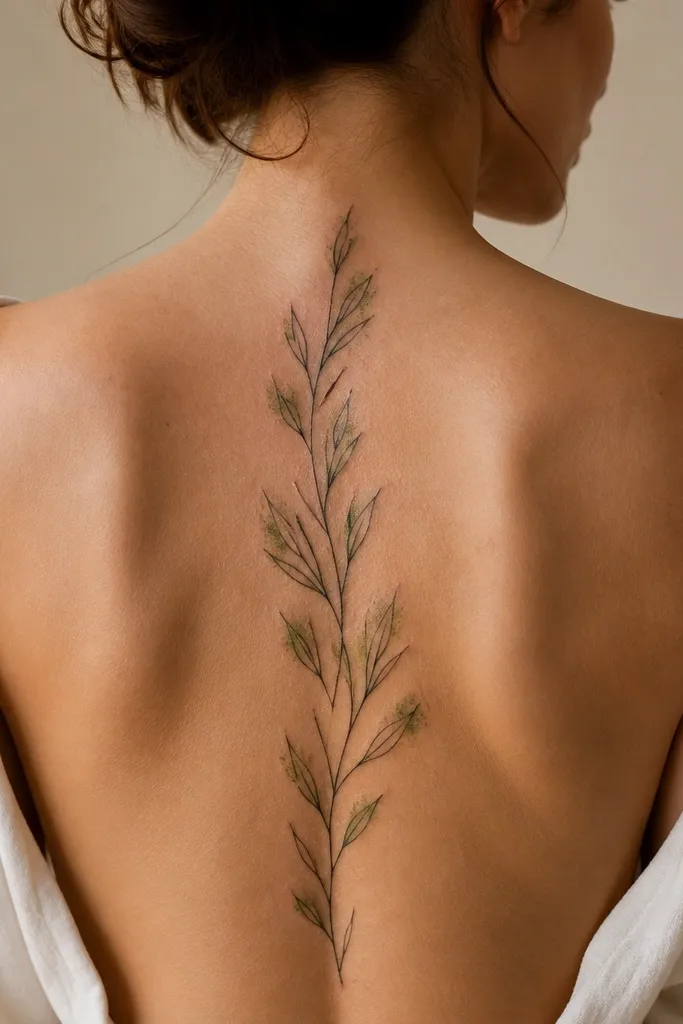 A small olive branch tattoo on the spine with black outlines and subtle grey shading. The leaf tips have a soft green stipple that fades into the black, like watercolor, while the stem stays mostly black.