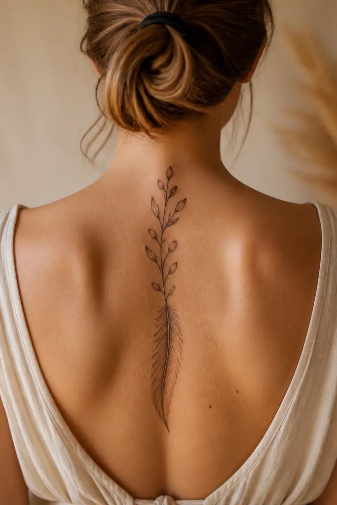 A small spine tattoo where an olive branch runs vertically and a tiny feather sits near the top leaf cluster. The feather has fine line barbs, and the olive leaves are outlined with light shading, both centered along the spine.