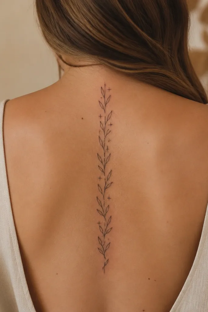 A small olive branch on the mid-spine with leaf pairs along a stem. Between two leaf clusters there are two tiny four-point stars in the negative space, and the leaves have crisp outlines with light grey shading.
