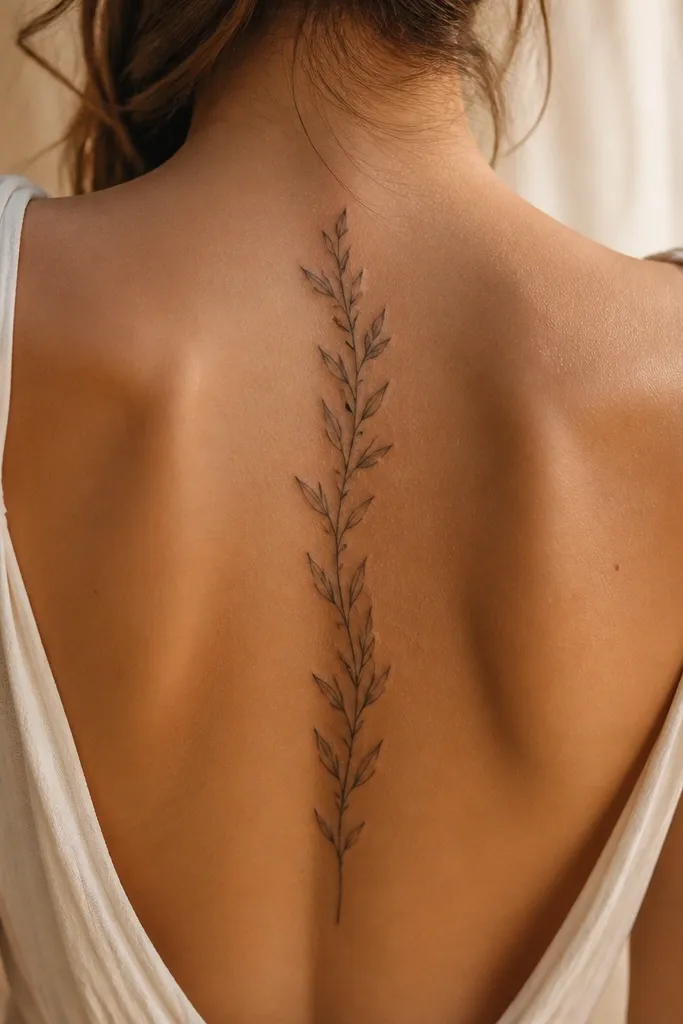 A small olive branch tattoo along the spine with a normal black stem. Under the main stem, there is a second faint, grey "ghost" line that follows the curve for about half the length, while leaf pairs sit above the main stem.