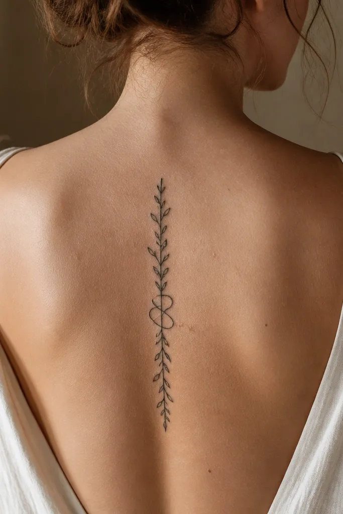 A vertical olive branch tattoo on the spine with leaf pairs along a stem. In the middle of the design, the stem loops into a small infinity symbol, with the leaves still aligned and not covering the loop.