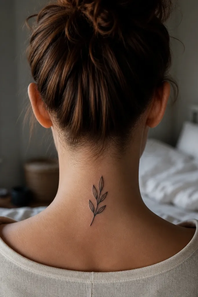 A small olive branch tattoo placed at the lower cervical area along the upper spine. It has only a few leaves with clean silhouette shapes, strong black outlines, and very minimal grey shading, giving a crisp, graphic look.