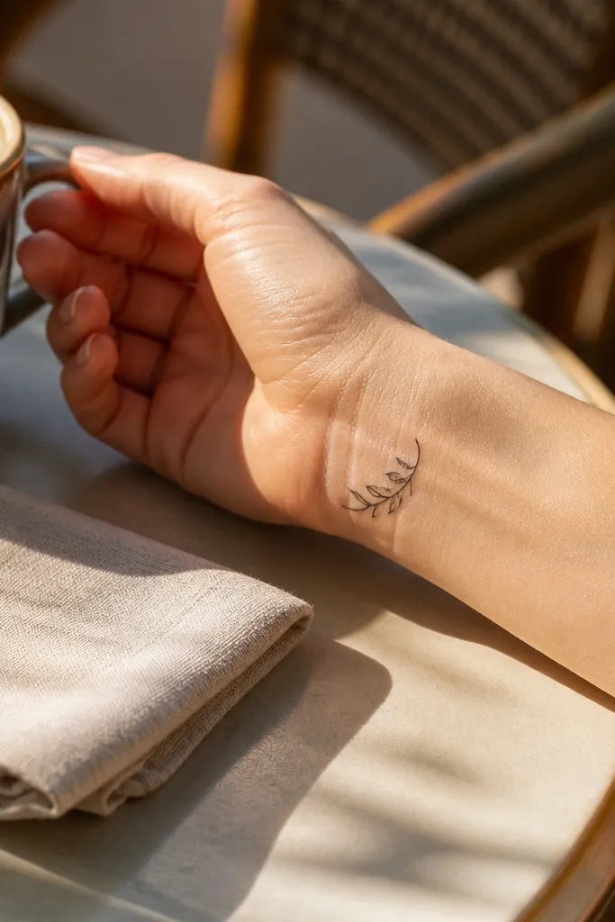 A small olive branch tattoo wraps diagonally along the outer side of a woman's wrist, with 5 tiny almond leaves and a thin stem line, black ink only, visible when her hand is slightly turned.