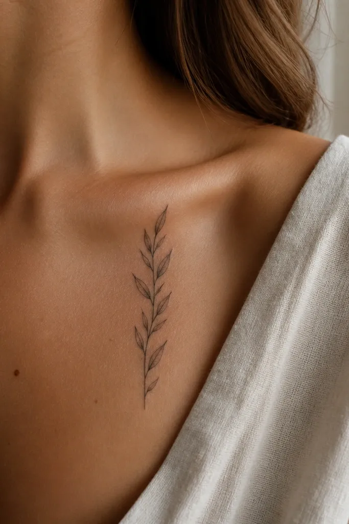 A minimalist olive branch runs vertically just below the collarbone on the upper chest, with 4 small leaves and a very thin stem, black ink, visible under a light knit top.
