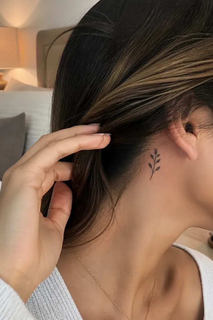 A tiny olive branch sits behind the ear along the hairline, with two leaves and a short stem, black ink, slightly curved, visible when hair is tucked back.