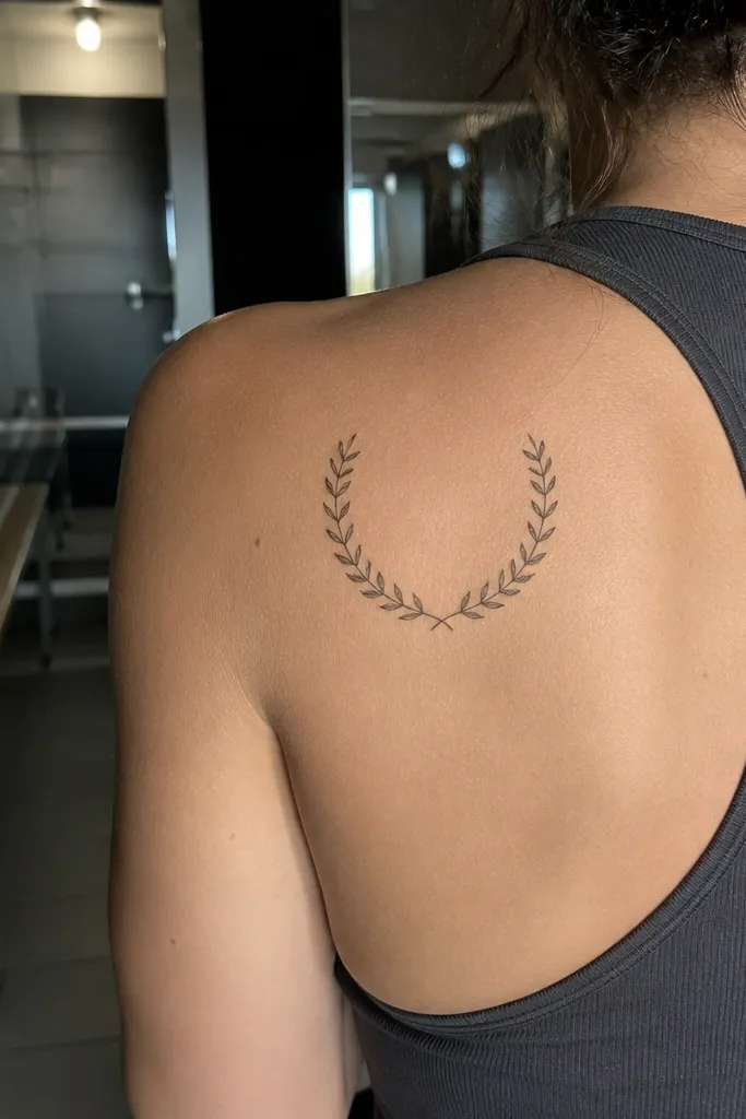 A half-moon olive branch tattoo hugs the top edge of the shoulder blade, with a thin arc and small evenly spaced leaves, black ink on a woman wearing a fitted dress.