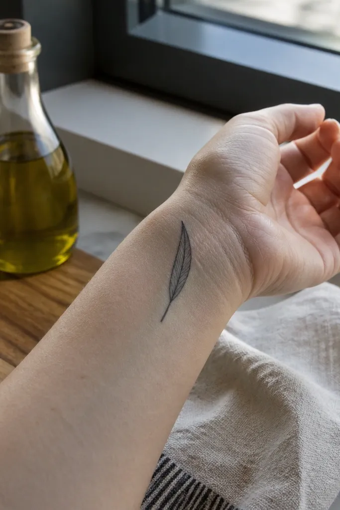 A small olive branch design shows one prominent leaf connected to a short stem, placed on the inside forearm near the wrist, black ink, very clean lines.