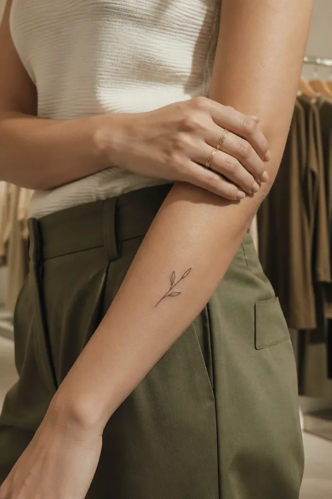 A tiny diagonal olive branch with two leaves sits on the outer forearm, black ink, with a thin stem line that angles upward.