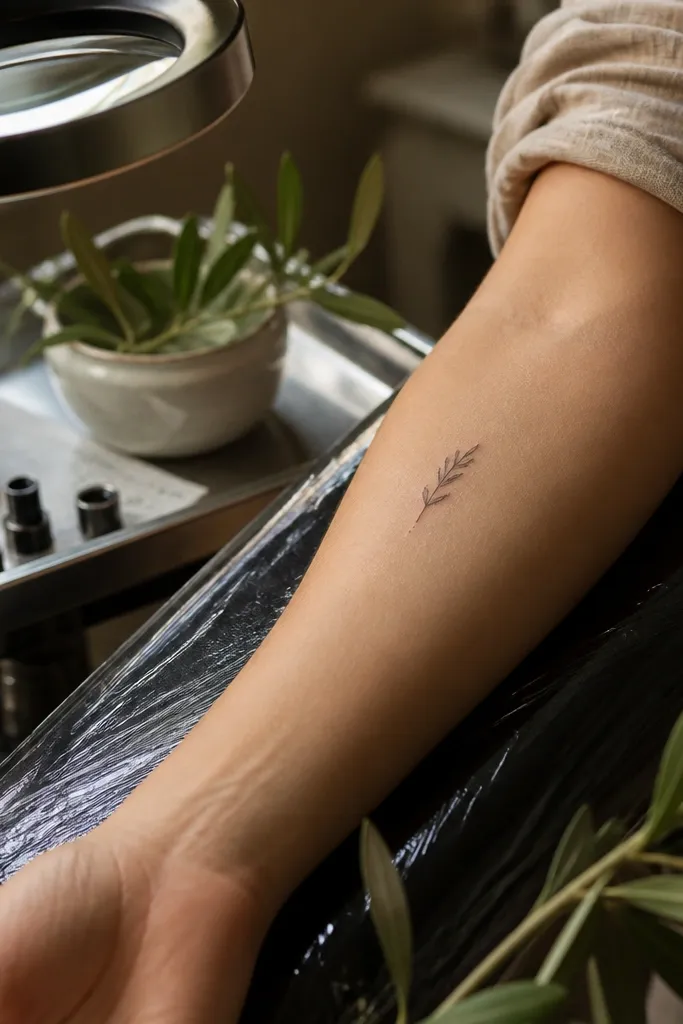 A small black olive branch with three tiny dots placed near one leaf sits on the ankle above the shoe line, clean and minimal, photographed in sandals.
