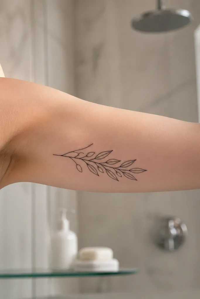 A minimalist olive branch on the inner bicep uses thin lines to outline leaves while leaving the centers blank, black ink, photographed with a sleeveless top.