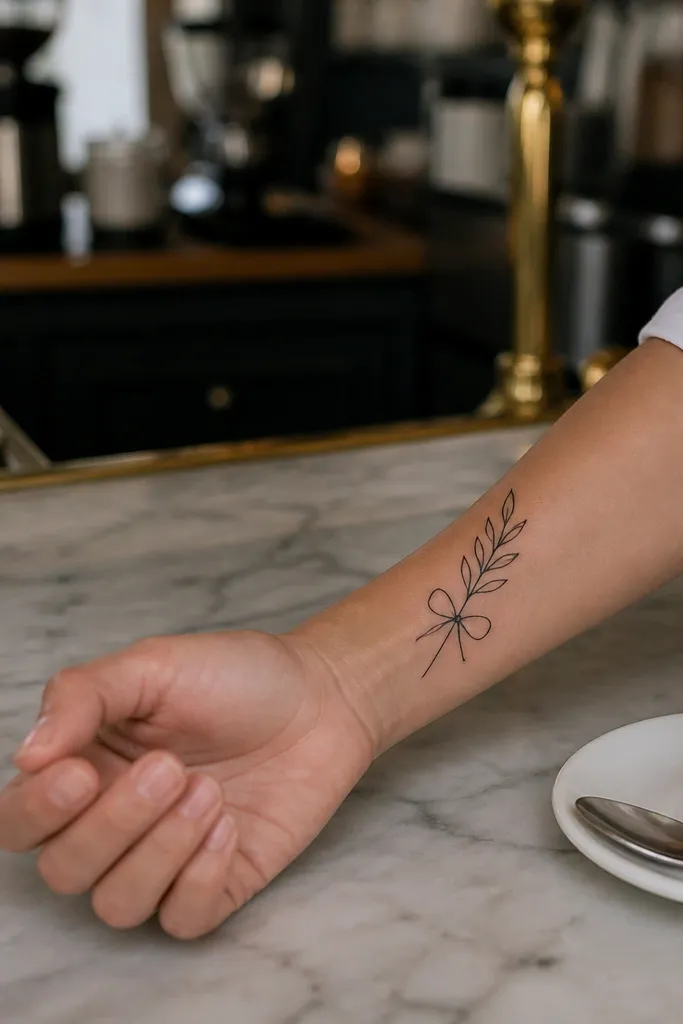 A small olive branch sits above a tiny ribbon bow on the upper outer arm, black fine lines, bow tails are thin and short.