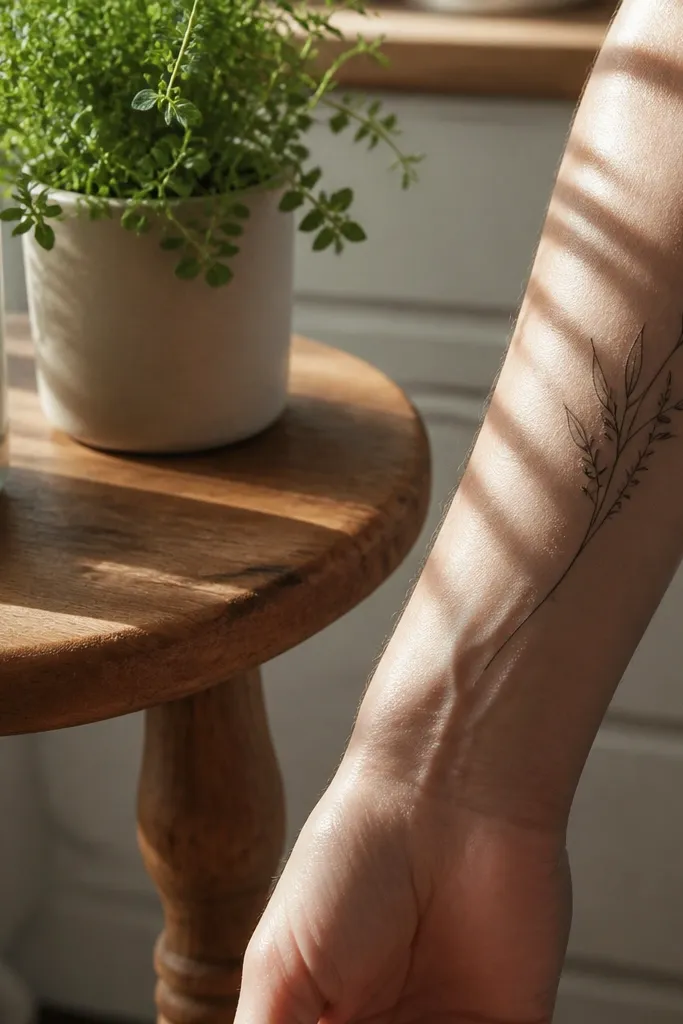 A small olive branch on the forearm includes one extra micro vine line that wraps near the stem, black ink, very fine.