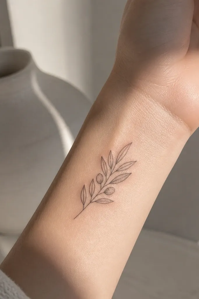 A small olive branch on the inner wrist has 5 leaves, with only the base of the top leaf shaded in light gray dotwork, photographed next to a watch.