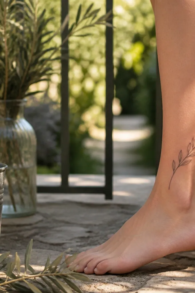 A small olive branch on the outer ankle includes a few tiny thorn-like notches on the stem, black ink, photographed with bare feet.