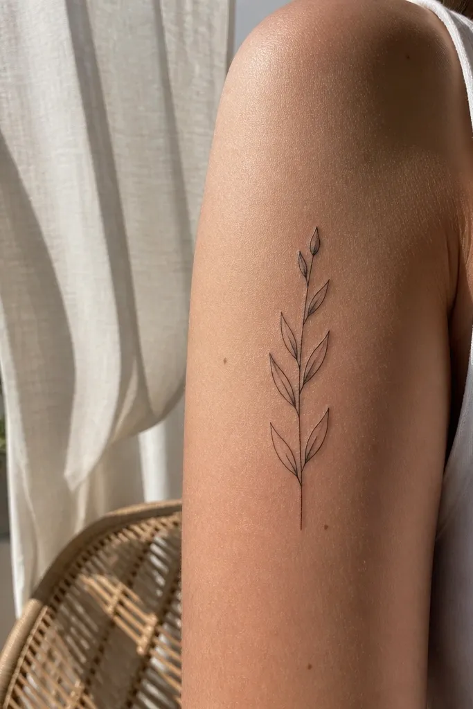 A small olive branch on the upper arm has 4 leaves and a tiny bud at the top end, black ink, clean lines, photographed in sunlight.