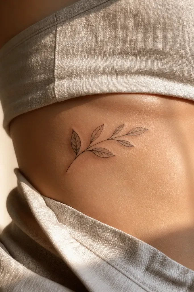 A small olive branch sits on the upper ribcage near the side, with 6 tiny leaves and lots of breathing space, black ink, photographed with a fitted top lifted slightly.