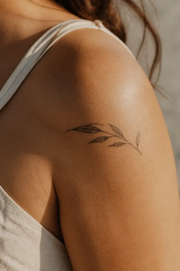 A small olive branch tattoo sits on the outer shoulder near the sleeve line, with 5 leaves arranged in a gentle arc, black ink, photographed in a short-sleeve tee.