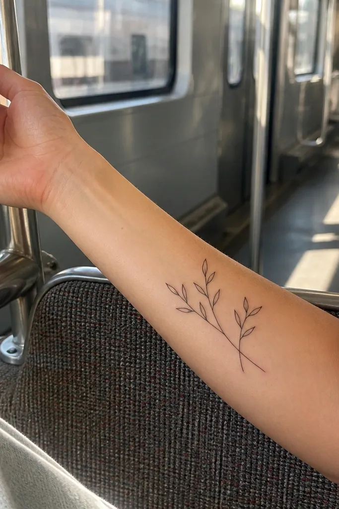 A small minimalist olive branch has two thin stems that cross slightly near the middle, each with 2-3 leaves, black ink on the inner forearm.