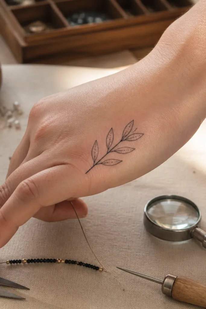 A small olive branch on the side of the hand has 4 leaves, each leaf has a single tiny dot line for the vein, black ink, shown next to a ring.
