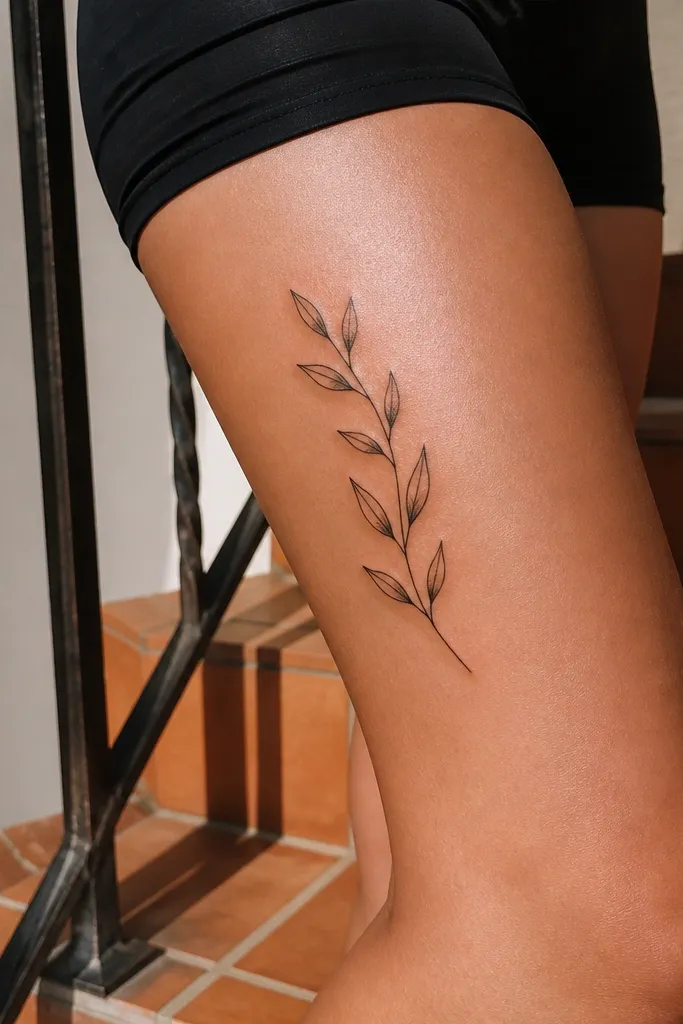 A small olive branch on the upper thigh has a standard stem and leaves, plus one leaf drawn at a slight angle like a cross accent, black ink.
