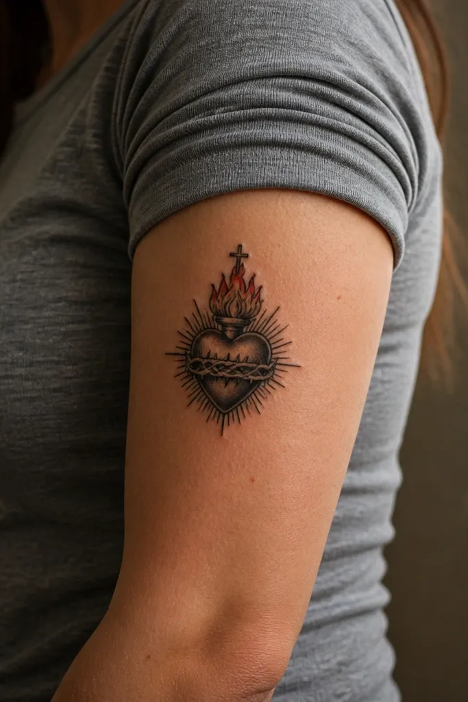 Small Sacred Heart with minimal black lines and red-tinted flame tips