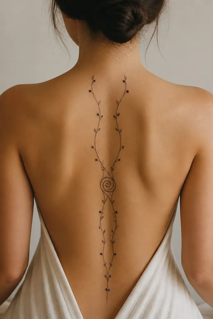 Two thin vine lines run parallel to the spine, curving outward slightly at the shoulder blades. Small bud dots appear at intervals, and there is one central swirl motif around the mid-back. The buds are solid black circles, and the vines are fine-lined.