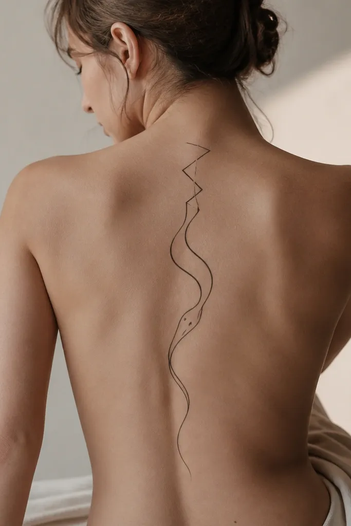 A minimalist serpent drawn as a flowing line along the spine. The body is mostly linework with sharp angles that soften into curves. Negative space creates ridge-like gaps, and the head is not at the top - it sits mid-back with a small eye dot.