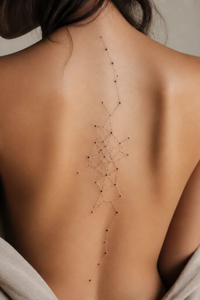 A constellation-style tattoo made of small dot stars connected by thin lines that arc along the spine. The dots vary in size slightly, and the connecting lines are very delicate. The densest cluster sits around the mid-back, with the top and bottom thinning out.