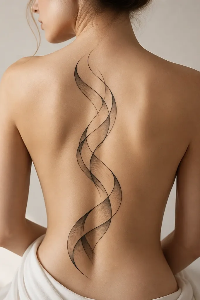 Three ribbon-like wave bands run vertically along the spine. They overlap slightly, with soft gray shading under each band and crisp black outlines. The wave crests are smooth, and the bands taper so the top looks lighter and the bottom looks denser.