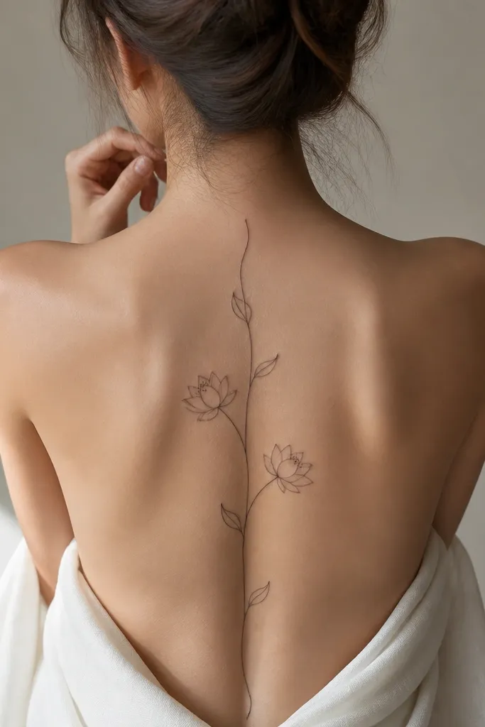A slender lotus stem runs along the spine with small leaves that curl outward. Two tiny lotus blossoms sit on either side of the stem near the mid-back, slightly asymmetrical. The blossoms have clean line petals and a few black dot accents inside.