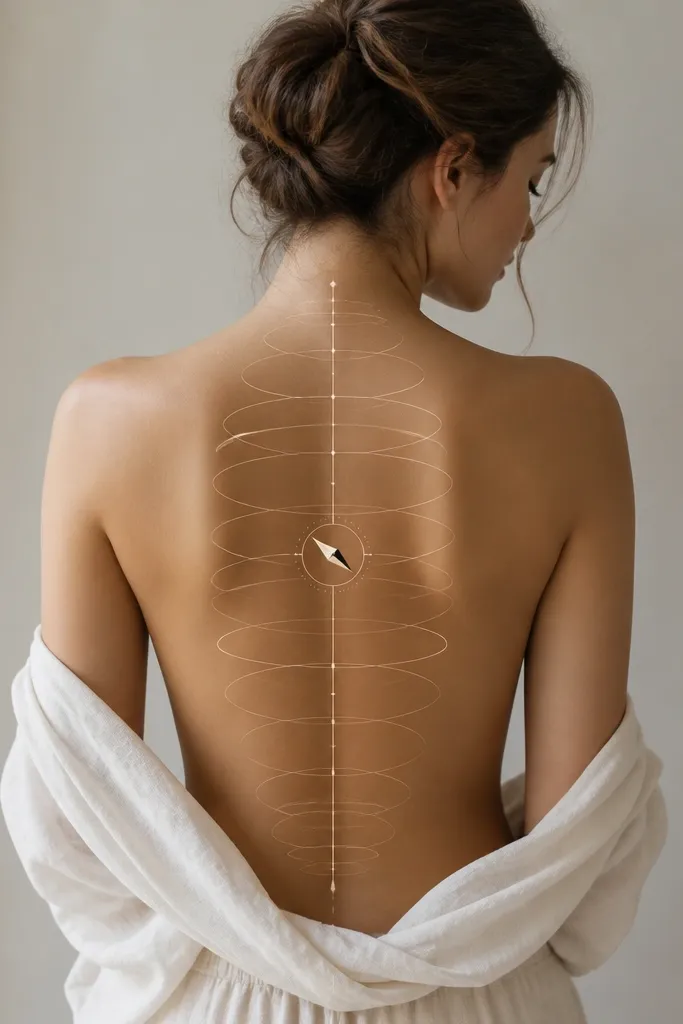 A set of thin orbit lines wrap around a central spine line, like a vertical diagram. A small compass needle motif sits at the mid-back, with the needle pointing slightly left. The orbit lines are clean and evenly spaced.