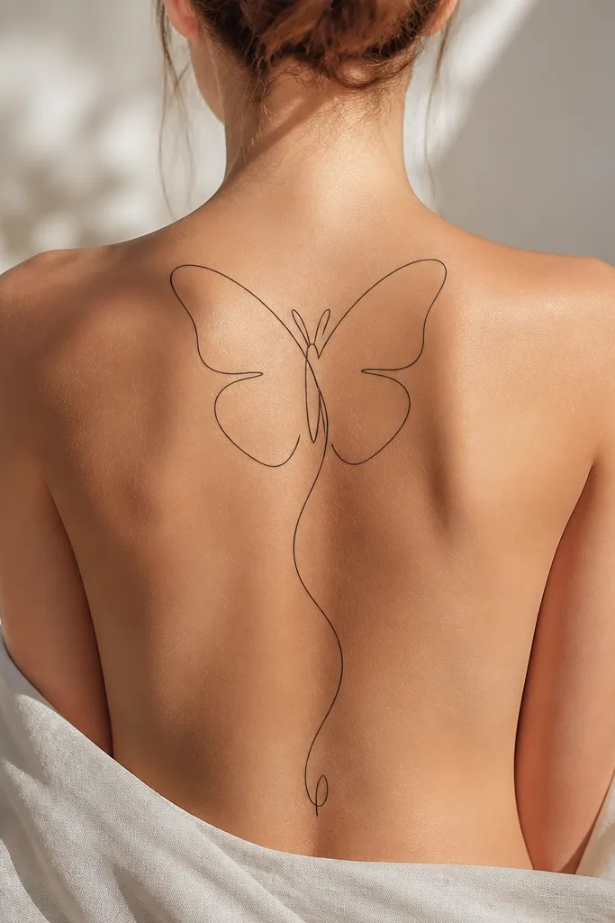 A single-line butterfly drawn with one continuous stroke. The wings open across the spine area and then the line turns into a long tail that follows the spine down. The butterfly body is a small oval, no color.