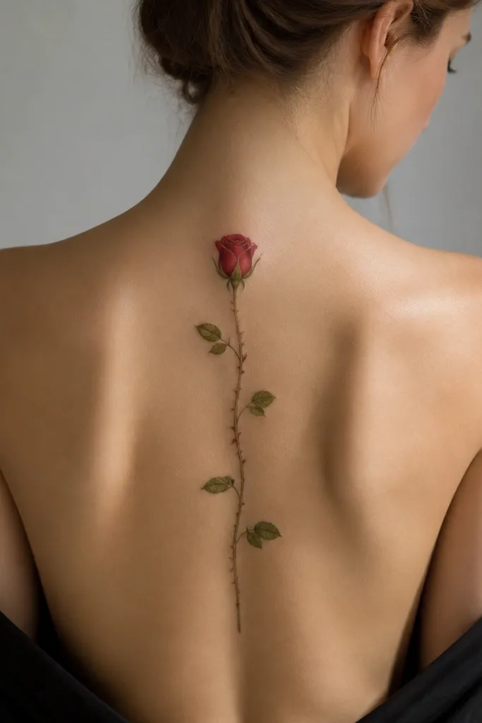 A realistic-ish rose bud at the upper back with a slender stem running down. The thorns are drawn as short angled lines that spiral once around the stem near the mid-back. Leaves are small and placed alternately.