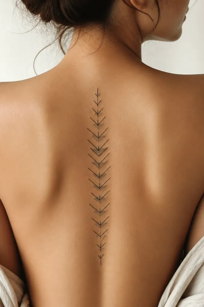 A vertical series of chevrons aligned along the spine, with each chevron slightly offset left then right. The lines are fine and black, and some chevrons have soft gray angled shading underneath. The pattern tapers at both ends.