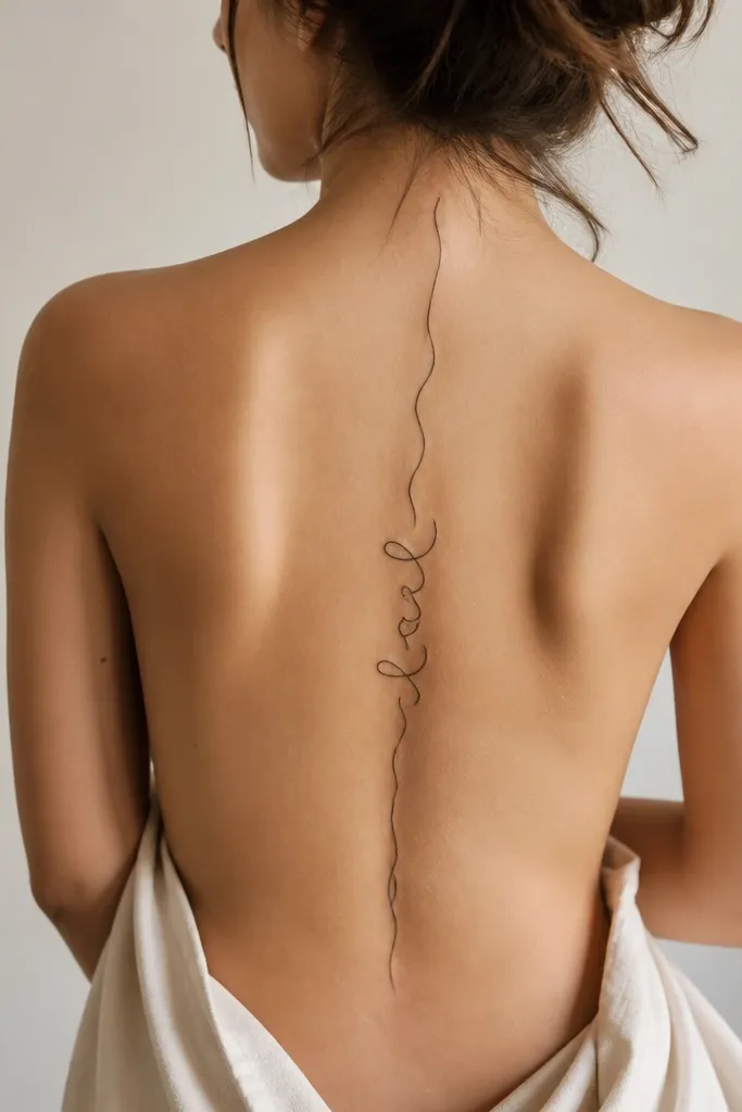 A thin script-like line that looks like handwriting, running vertically along the spine. It forms a few letter shapes at the mid-back, then returns to a flowing underline style. The ink is black with subtle gray under the thicker strokes.