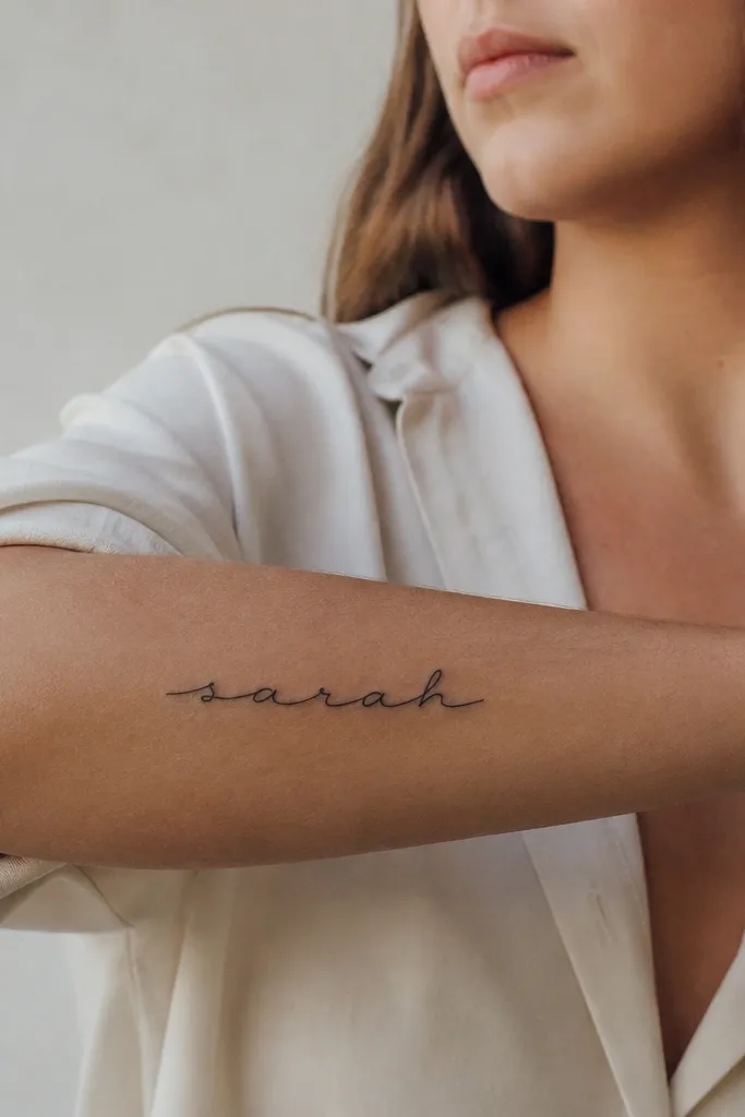 A black name written in simple cursive on the outer forearm, horizontal baseline, with small serif-like hooks on certain letters.