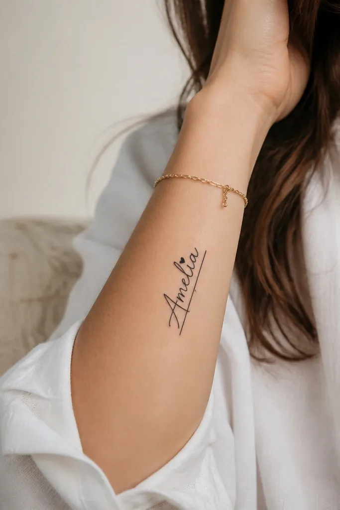 A black name on the inner forearm, slightly vertical, with a tiny heart-shaped dot above one letter and a thin underline flourish.