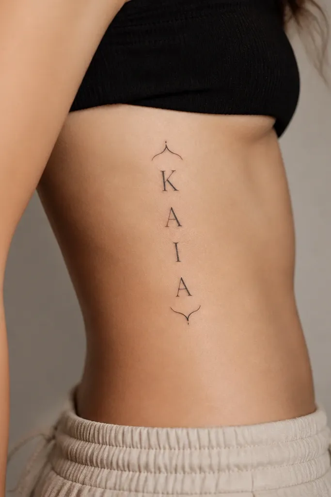A black name stacked vertically along the side of the ribs, each letter slightly separated, with a small decorative bracket flourish at the top and bottom.
