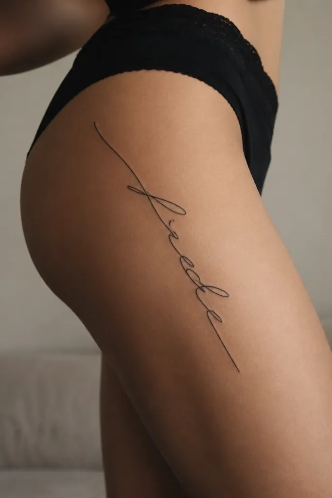 A black cursive name running diagonally along the outer thigh, starting higher near the hip and ending lower toward the upper leg, with a subtle underline.